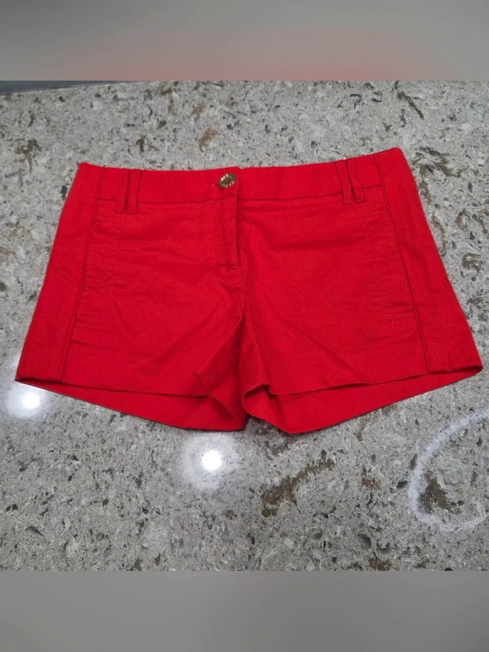 Tory Burch Orange/Red Bright Cotton Shorts‎ Gold Logo Button Size 4